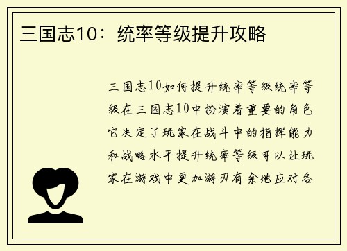三国志10：统率等级提升攻略