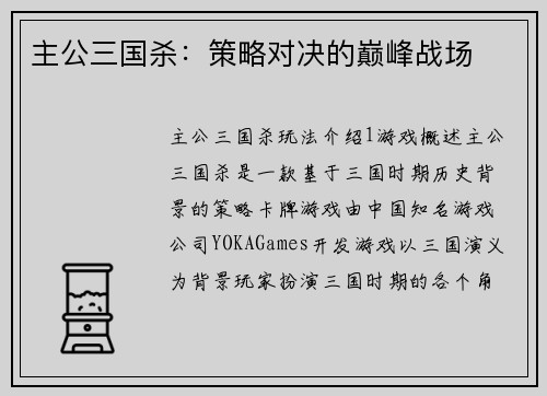 主公三国杀：策略对决的巅峰战场